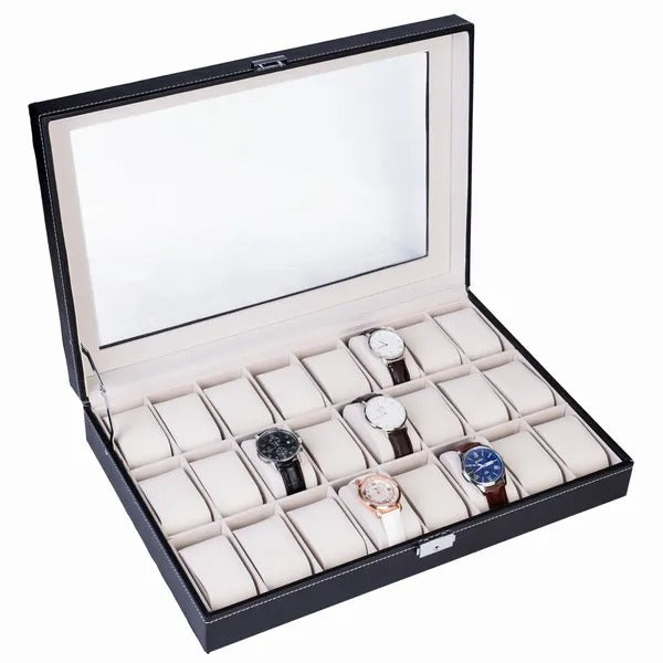 24 Slot Elegant Portable Black Watch  Box Case Organizer For Storage