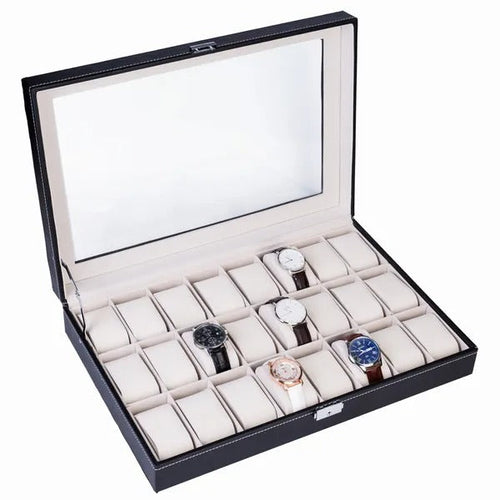 24 Slot Elegant Portable Black Watch  Box Case Organizer For Storage